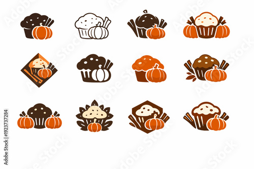 Preparing a batch of muffins with seasonal ingredients. Icon set. Set Logo of Preparing a batch of muffins with seasonal ingredients: pumpkin spice muffin.