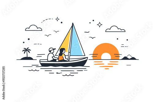 Sunset sailing experiences. A small sailboat glides calmly across the water as the sun sets on the horizon, casting warm light and long reflections. The scene