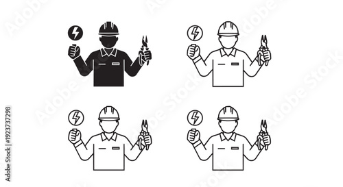 Electrician worker icon collection. Includes electrician with lightning bolt and pliers symbols. Created in solid and outline styles with black and white palette.