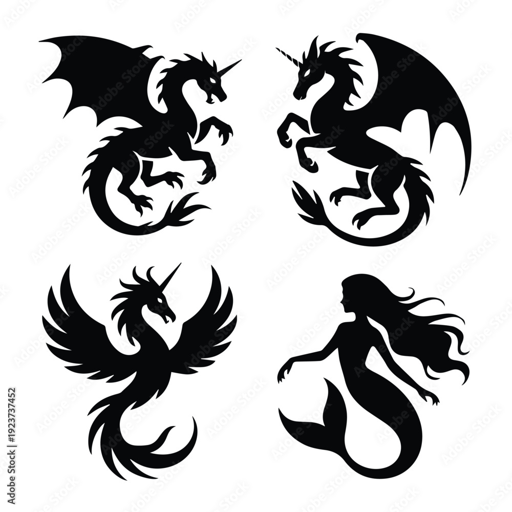 Naklejka premium A set of mythical creatures in silhouette, including dragons and a mermaid