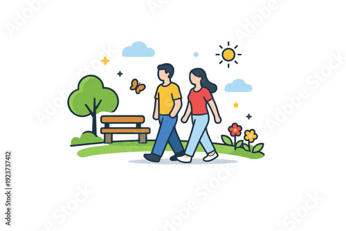 Leisurely spring park stroll relaxed walking through green spaces with flowers and simple benches, conveying peaceful leisure and connection