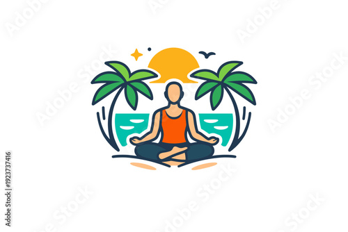 Yoga retreats in exotic locations a compact badge style scene with a meditating figure, palm leaves, and sun representing retreat lifestyle