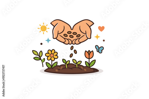 Spring Seed Planting. Planting seeds in spring mindful seasonal ritual illustrated by a pair of hands holding seeds above the ground, supported by soft