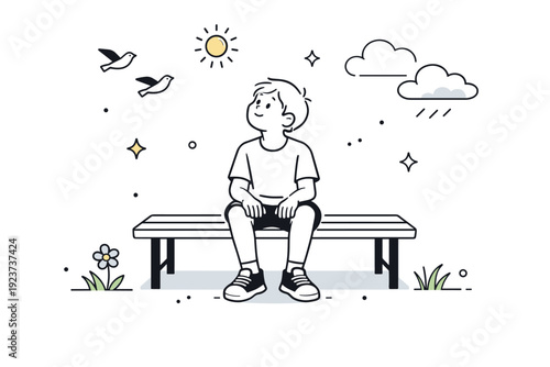 Waiting without phones. Child or teen watching birds or clouds from a bench, hands resting on legs, fully present in the moment. Playful calm and attention to