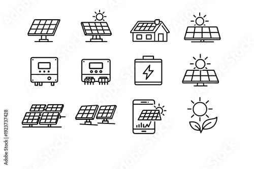Solar Energy Icons. Solar Energy. Line icon set of Solar Energy: photovoltaic panel, solar tracking system, rooftop solar array, sun rays on panel, solar