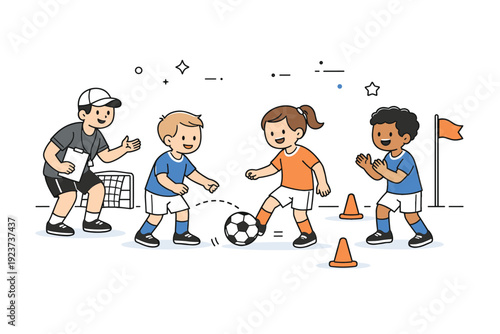 Youth football training. Children practicing basic football drills with a coach on a small field, passing the ball and smiling together.