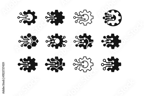 Artificial intelligence in business. Icon set. Set Logo of artificial intelligence in business: gear with nodes. harmonious logo variations