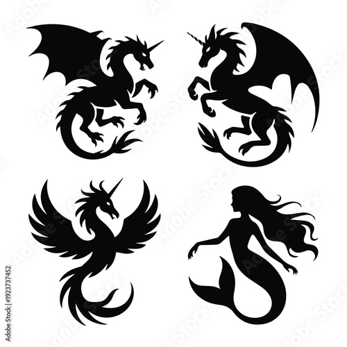 A set of mythical creatures in silhouette, including dragons and a mermaid