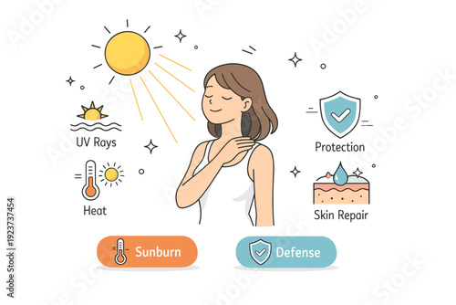 Sunlight and Skin. How the sun affects our skin. Person standing under sunlight with gentle rays touching the skin, subtle icons showing warmth and protection.