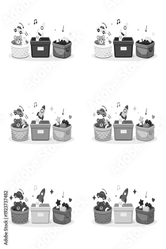 Organizing kids' toys into bins or baskets focused on reducing clutter and visual noise. A calm scene with a few toys disappearing into