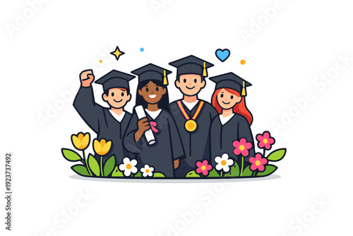 Spring graduation ceremony celebratory gathering with graduates standing together among spring flowers, expressing unity, pride and shared