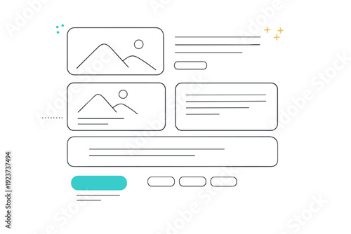 Content placeholder layout. A clean editorial scene with rounded rectangles and lines representing text blocks, images, and buttons. Neutral structure, calm