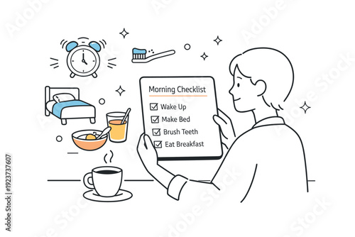 Home routine checklists visuals ? morning routine overview. A calm scene with a person reviewing a simple checklist on paper or tablet, icons for basic tasks