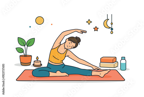 Woman practicing yoga side bend stretch on mat with candle and plant