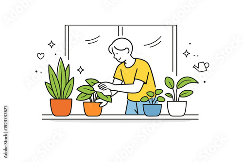 Caring for indoor plants. A relaxed figure wipes leaves and adjusts pots on a windowsill. The scene highlights nurturing habits and a