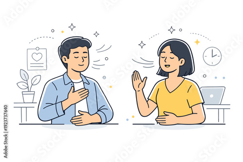 Breathing exercises with colleagues. Two coworkers guide each other through deep breathing exercises in a bright office space, subtle abstract dots and stars