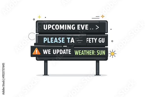 Public signage details. A digital notice board cycling through messages, with parts of text partially visible in transition. Visual metaphor for fragmented