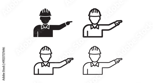 Construction worker pointing icon collection. Includes worker with hard hat pointing right in solid and outline styles. Created in black and white minimalist style with monochrome palette.