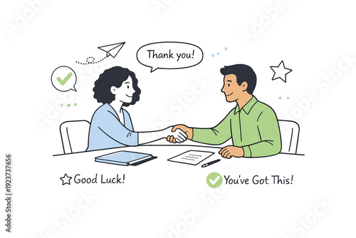 Supportive interview wrap-up. Calm end of an interview with a thank-you gesture and positive body language. Respectful closure,
