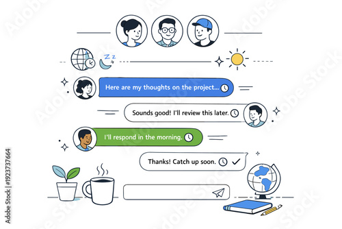 Global Team Collaboration. Remote collaboration across time zones. Team chat interface with delayed replies marked by small clock symbols, showing thoughtful