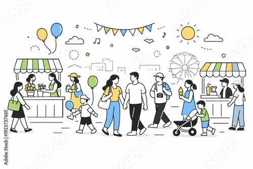 Spring city fair crowd moment. A wide editorial view of diverse people moving through an open plaza with balloons, flowers, and stalls. Light festive energy