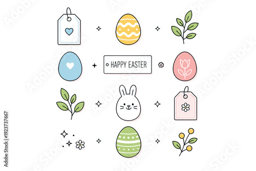 Modern Easter flat lay design. Stylized eggs, gift tags, and leaves arranged in a simple grid from above. Contemporary festive feel, clean