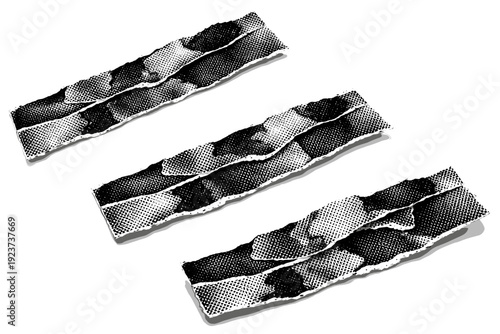 Halftone texture collage strip depicted as one isolated overlay object presented in flat view, diagonal orientation, and three-quarter view