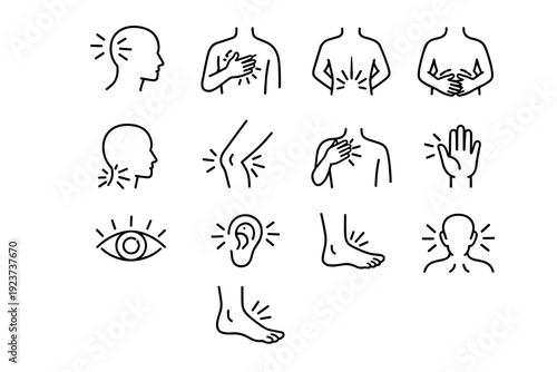 Pain zones. Line icon set of Pain zones: head pain, chest pain, back pain, stomach pain, neck pain, knee pain, shoulder pain, hand pain, foot