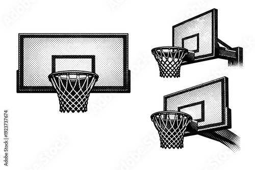Halftone dot sports graphic basketball hoop A basketball hoop with backboard is presented as one object shown from three different views: