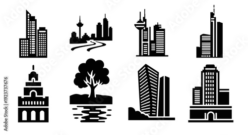 Modern cityscapes and landmarks collection in black silhouette style