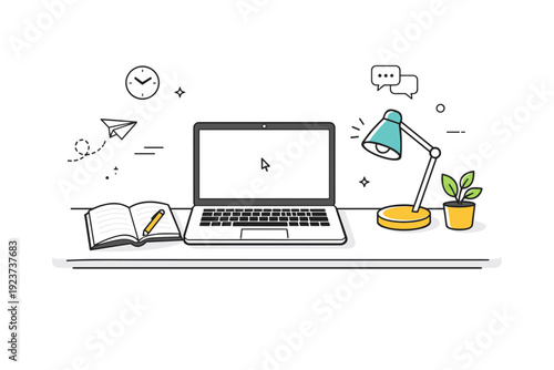 Remote work corner setup. Laptop, notebook, and lamp arranged neatly on a compact table in a small living space. Order, clarity, and quiet