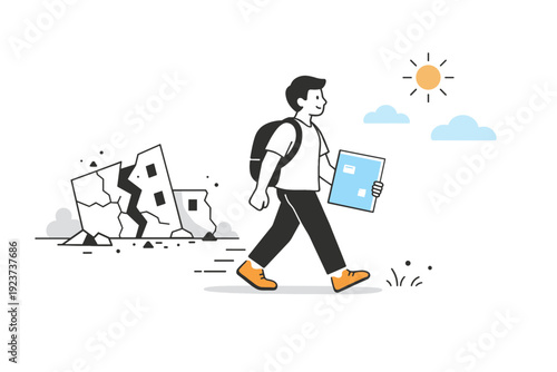 Learning from failure. A character walking away from a cracked structure, holding a new plan in hand, symbolizing experience and forward momentum. The mood is
