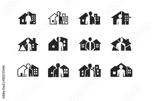 Hybrid work models. Icon set. Set Logo of Hybrid work models: human figure split between house and office. harmonious logo variations of the same emblematic