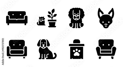 Set of playful pet and furniture icons in minimal silhouette style