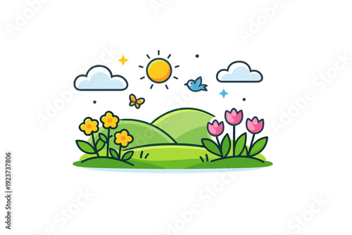 Spring nature background stylized outdoor scenery with blooming plants and soft clouds, capturing lightness, clarity and natural optimism.