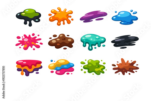 DirtyTextures. Colorful flat vector icons set of dirty textures: oil blot, grease splash, smudge mark, liquid stain, rough splatter, irregular spot, sticky