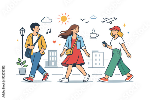 Spring street style fashionable pedestrian scene with relaxed posture and light spring wear, suggesting freedom, movement and contemporary