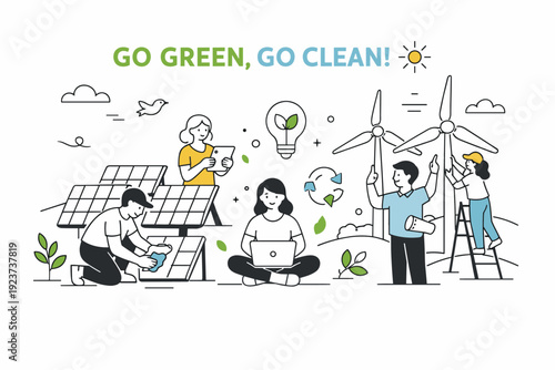 Sustainable Energy Future. Green energy campaign illustration. People interacting with solar panels and wind turbines in a simplified landscape scene. Clean