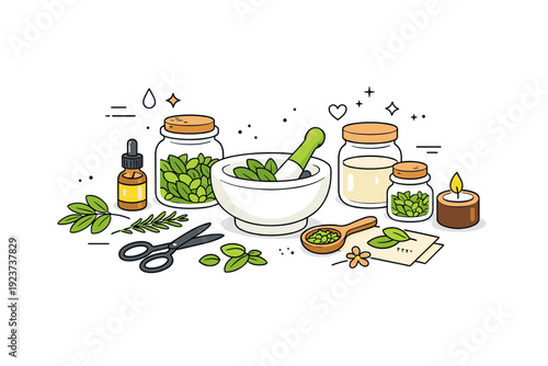 Herbal medicine workspace. Mortar, pestle, jars, and fresh plants arranged neatly on a table, showing preparation process. Calm craft-focused