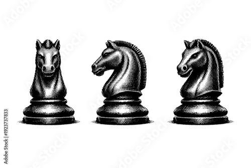 Tabletop game icon chess knight piece shown as a single object from three different angles: front view, side view, and three-quarter view.