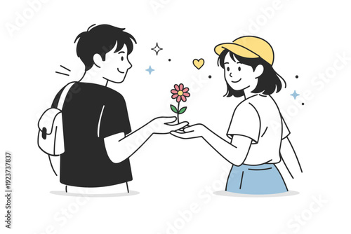 Single-flower gifting concepts. A single flower placed into someone?s open hand mid-walk, bodies slightly turned. Spontaneous exchange and understated warmth.
