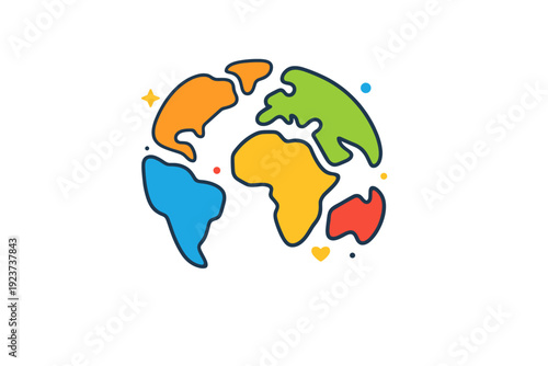 Continents visualized through individual abstract land shapes arranged in a circular composition, conveying balance, equality, and the