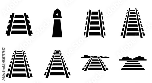 Railroad track icon set: minimalist silhouette designs for transportation themes