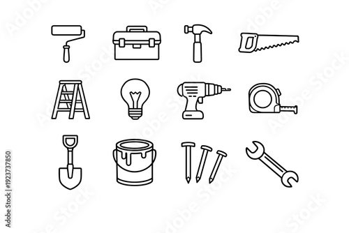 Family home projects. Line icon set of Family home projects: paint roller, toolbox, hammer, saw, ladder, light bulb, drill, measuring tape,