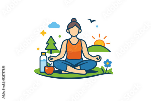 Healthy lifestyle relaxed outdoor activity with nature accents and open space, communicating vitality, balance and stress-free living. A clean icon-style