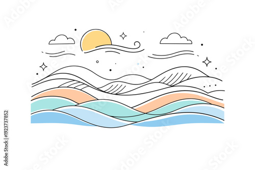 Abstract nature patterns. Repeating waves and flowing lines create a stylized landscape inspired by water and wind. The illustration focuses on movement and