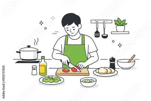 Modern decluttered kitchens. Person preparing a simple meal with only essential tools visible, rest of the kitchen hidden away. Focused