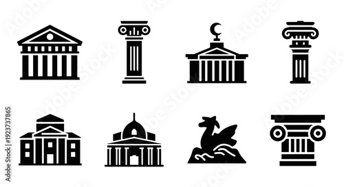 Set of classic architectural icons featuring columns and historic buildings