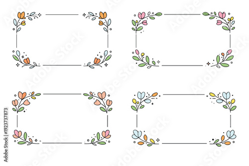 Vector floral border sets. Modern botanical border with simple branches and abstract petals forming a soft rectangular frame. Fresh contemporary look suitable
