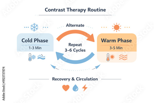 Contrast Therapy Diagram. Contrast therapy routine overview. Abstract diagram showing alternating cold and warm phases connected by arrows, emphasizing rhythm